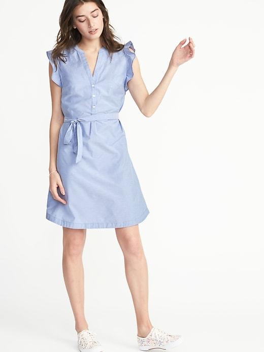 Old Navy Womens Sleeveless Ruffle-trim Tie-belt Shirt Dress For Women Blue Size M