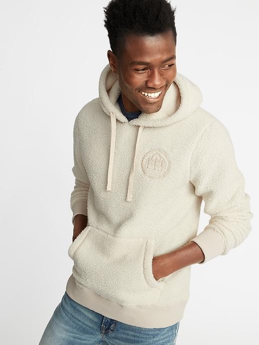 Old Navy Mens Embroidered-graphic Sherpa Pullover Hoodie For Men Forest Size L