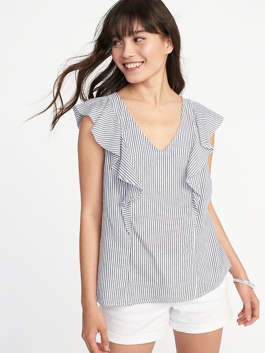 Old Navy Womens Relaxed Ruffle-trim Sleeveless Top For Women Blue/white Stripe Size Xs