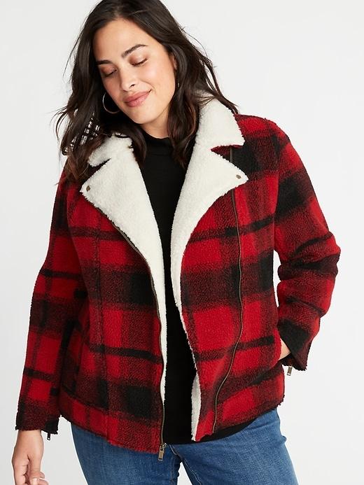 Old Navy Womens Plaid Bonded Sherpa Plus-size Moto Jacket Red Plaid Size 4x