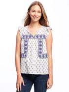 Old Navy Embroidered Flutter Sleeve Swing Top For Women - White/blue