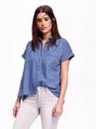 Old Navy Chambray Button Front Trapeze Top - Medium Wash