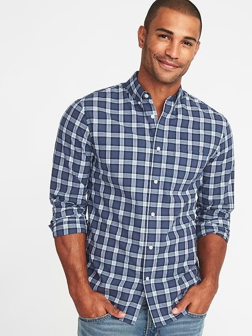 Old Navy Mens Slim-fit Built-in Flex Plaid Everyday Shirt For Men Pacific Blue Size Xs