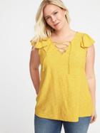 Old Navy Womens Plus-size Lace-up-yoke Ruffle-sleeve Top Lemon Stripe Size 4x