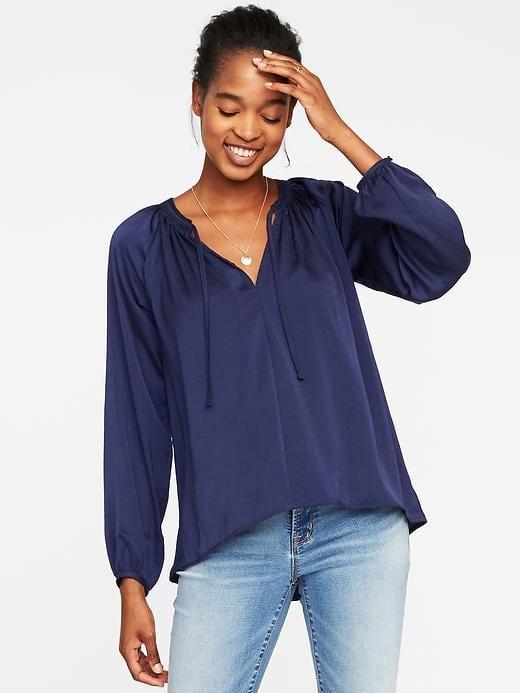 Old Navy Relaxed Tie Neck Sateen Top For Women - Lost At Sea Navy
