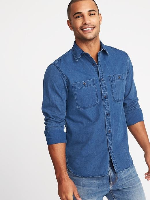 Old Navy Mens Regular-fit Double-pocket Denim Shirt For Men Medium Wash Size Xl