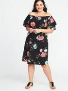 Old Navy Womens Tie-belt Off-the-shoulder Plus-size Swing Dress Black Floral Size 4x