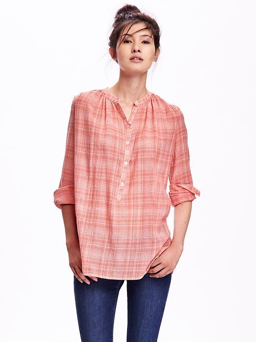 Old Navy Gauze Popover Tunic - Peach Plaid