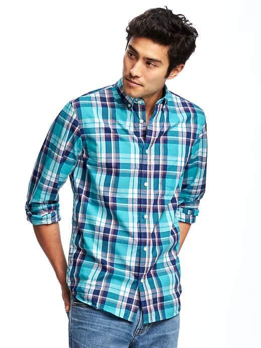 Old Navy Regular Fit Classic Plaid Shirt For Men - Cyan Sea