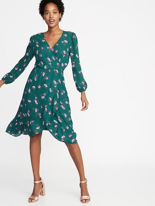 Waist-defined Ruffle-trim Faux-wrap Georgette Dress For Women
