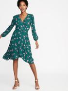 Waist-defined Ruffle-trim Faux-wrap Georgette Dress For Women