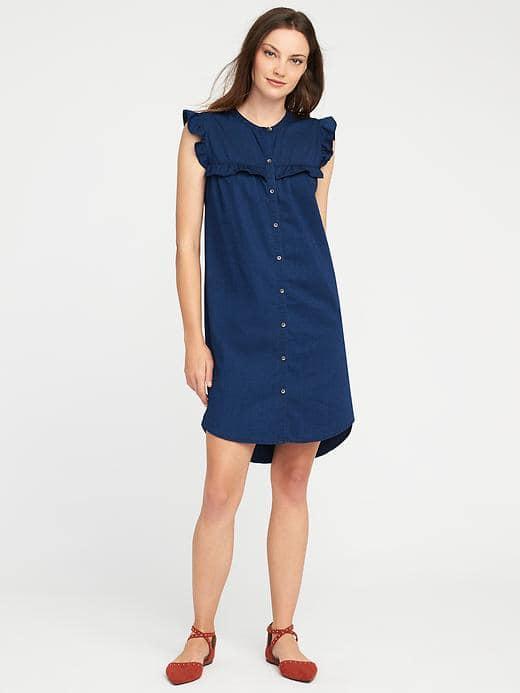Old Navy Ruffled Chambray Shirt Dress For Women - Dark Wash