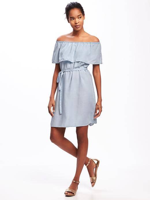 Old Navy Ruffled Off The Shoulder Tencel Shift Dress For Women - Light Tone Chambray