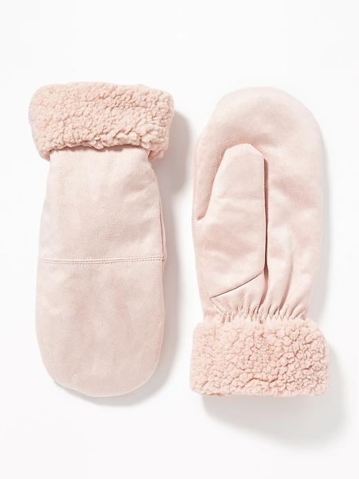 Old Navy Womens Faux-suede Sherpa-trim Mittens For Women True Pink Size S/m