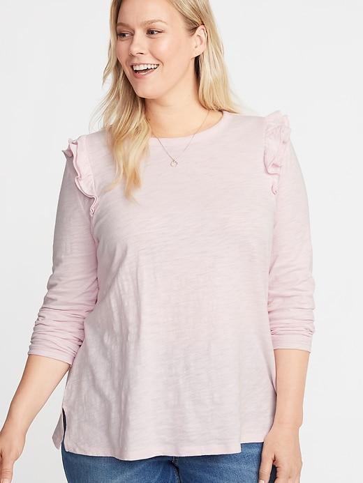 Plus-size Ruffle-trim Slub-knit Top