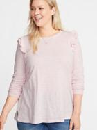 Plus-size Ruffle-trim Slub-knit Top