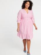 Waist-defined Plus-size Striped No-peek Shirt Dress