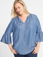 Old Navy Womens Chambray Tie-neck Plus-size Bell-sleeve Blouse Chambray Blue Size 1x