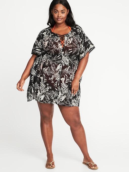 Old Navy Womens Plus-size Gauze Swim Cover-up Black Print Size 1x