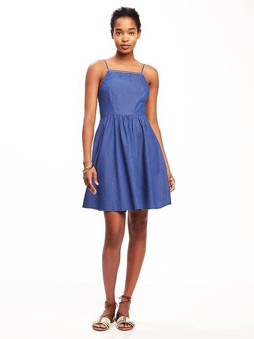 Old Navy Fit & Flare High Neck Chambray Dress - Dark Tone Chambray