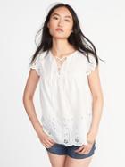 Old Navy Womens Relaxed Lace-yoke Cutwork Blouse For Women Cream Size L
