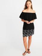 Old Navy Womens Off-the-shoulder Linen-blend Cutwork Shift Dress For Women Black Size S