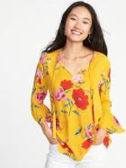 Old Navy Womens Floral Tie-neck Bell-sleeve Blouse For Women Yellow Flower Size Xs