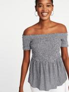 Old Navy Womens Relaxed Off-the-shoulder Smocked Top For Women Navy Blue Gingham Size Xl