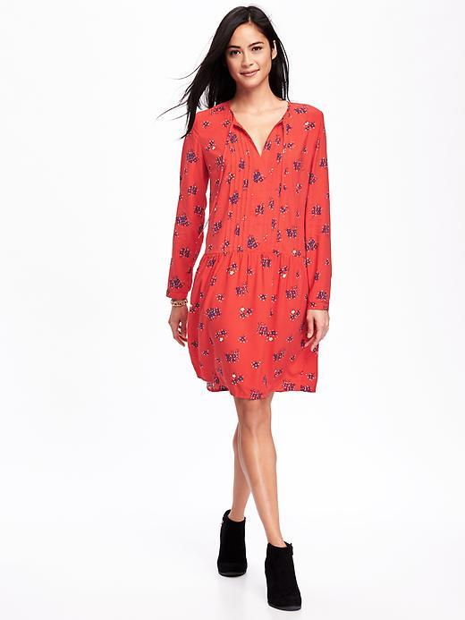 Old Navy Pleated Tie Neck Swing Dress For Women - Red Print