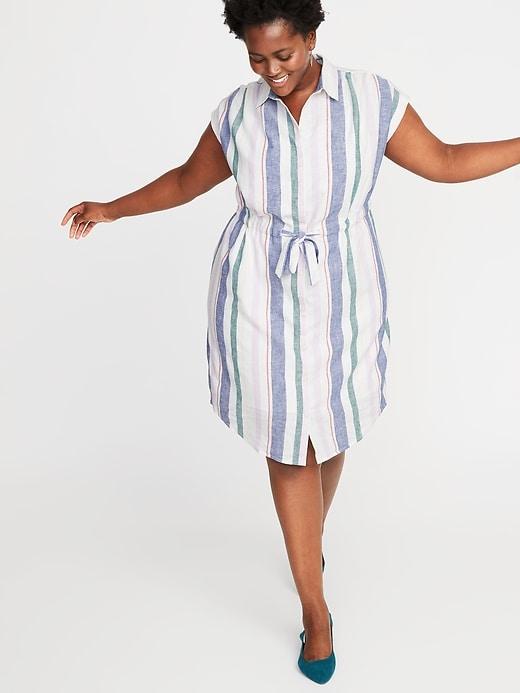 Striped Linen-blend Tie-waist Plus-size No-peek Shirt Dress