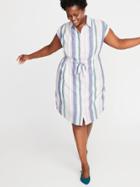 Striped Linen-blend Tie-waist Plus-size No-peek Shirt Dress