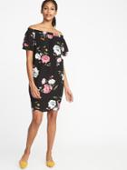 Old Navy Womens Off-the-shoulder Ruffle-sleeve Shift Dress For Women Black Floral Size M