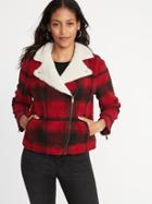 Old Navy Womens Plaid Sherpa Moto Jacket For Women Red Plaid Size Xxl