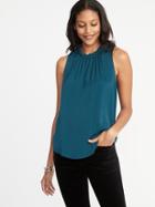 Old Navy Womens Relaxed Sleeveless Ruffle-trim Satin Top For Women Teal Size Xl