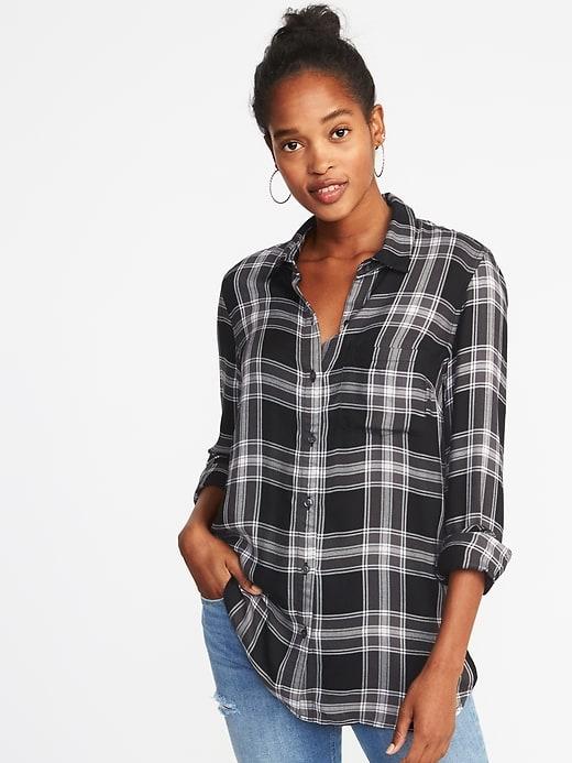 Old Navy Womens Relaxed Classic Flannel Shirt For Women Black Plaid Size Xs
