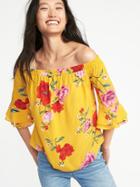Old Navy Womens Floral Off-the-shoulder Ruffle-sleeve Blouse For Women Yellow Floral Size Xl