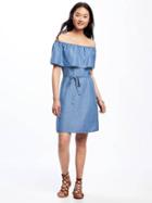 Old Navy Ruffled Off The Shoulder Tencel Shift Dress For Women - Mid Tone Chambray