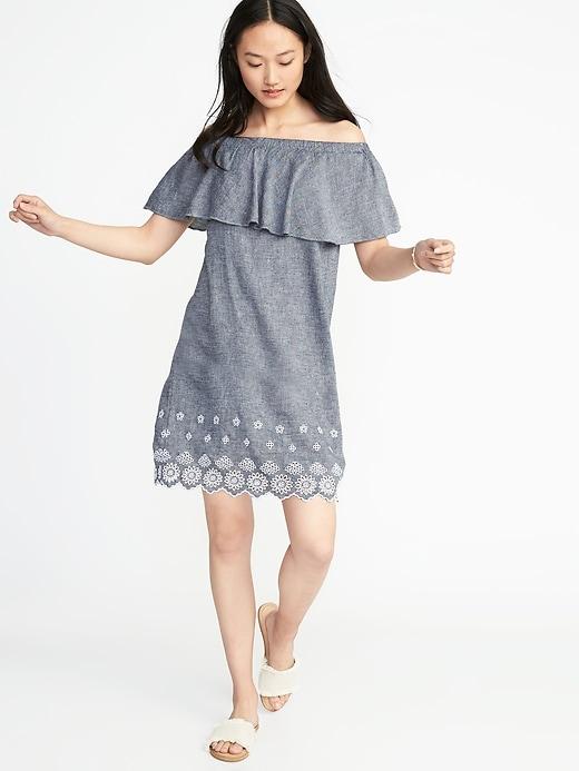 Old Navy Womens Off-the-shoulder Linen-blend Shift Dress For Women Lost At Sea Navy Size L