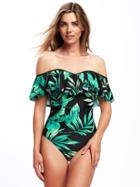Old Navy Ruffled Off Shoulder Swimsuit For Women - Green Palm Leaf