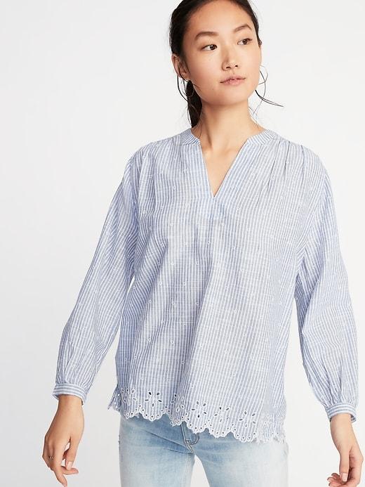 Striped Slub-weave Eyelet Blouse For Women