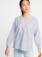 Striped Slub-weave Eyelet Blouse For Women