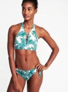 Old Navy Womens High-neck Lace-up Halter Swim Top For Women Green Palm Leaf Size Xl