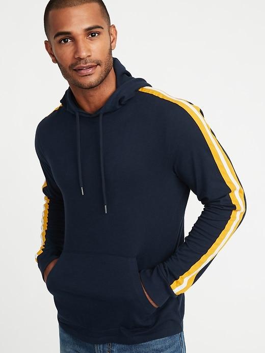 Lightweight Jersey Sleeve-stripe Pullover Hoodie For Men