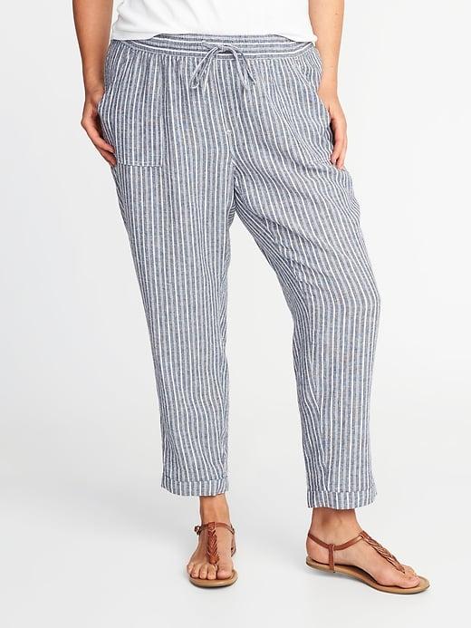 Old Navy Womens Mid-rise Plus-size Striped Linen-blend Pants Navy Stripe Size 2x