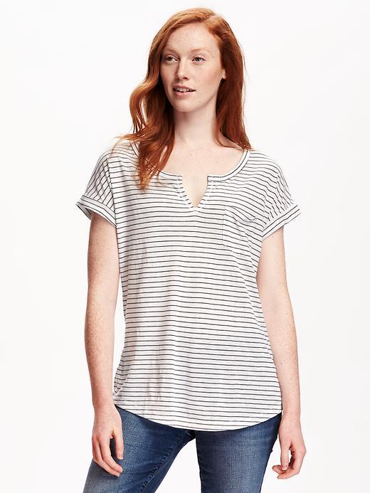 Old Navy Lightweight Split Neck Tee For Women - White Stripe
