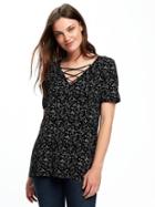 Old Navy Lace Up Yoke Swing Top For Women - Black Print