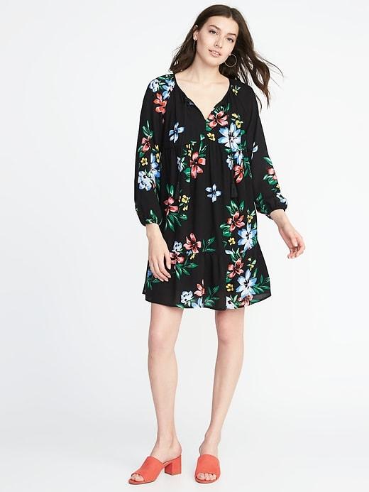 Old Navy Womens Boho Tassel-tie Swing Dress For Women Black Floral Size M