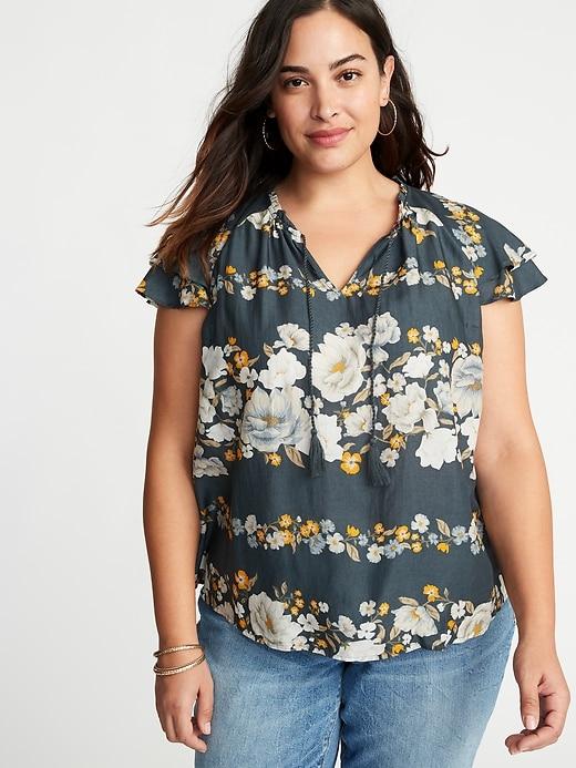Old Navy Womens Plus-size Ruffle-sleeve Tassel-tie Top Gray Floral Print Size 2x