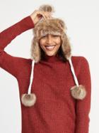 Old Navy Womens Cable-knit Pom-pom Trapper Hat For Women Cream Size One Size