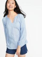 Old Navy Womens Relaxed Split-neck Shirred Blouse For Women Blue Text Size Xs